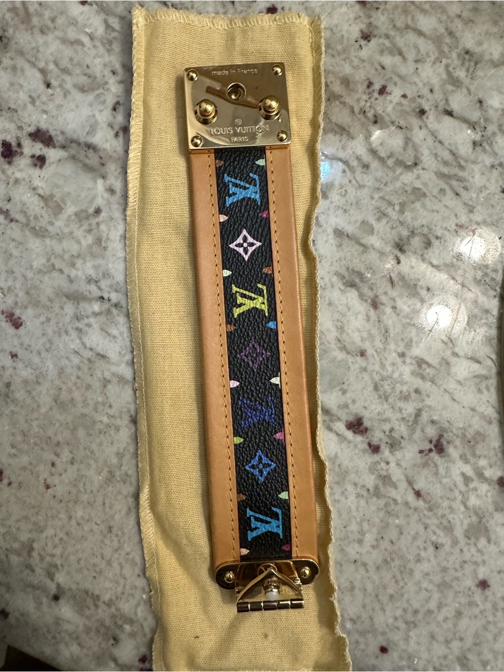 Louis Vuitton Black Multicolor Monogram Leather Bracelet with Gold Hardware